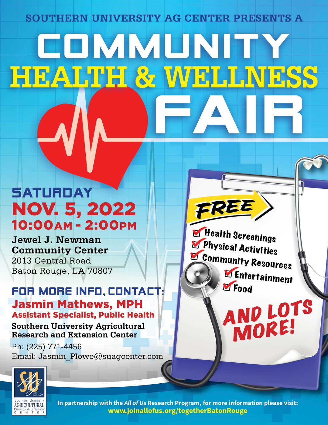 SU Ag Center's Community Health & Wellness Fair will be held Nov. 5, 2022 at the Jewel J. Newman Community Center.