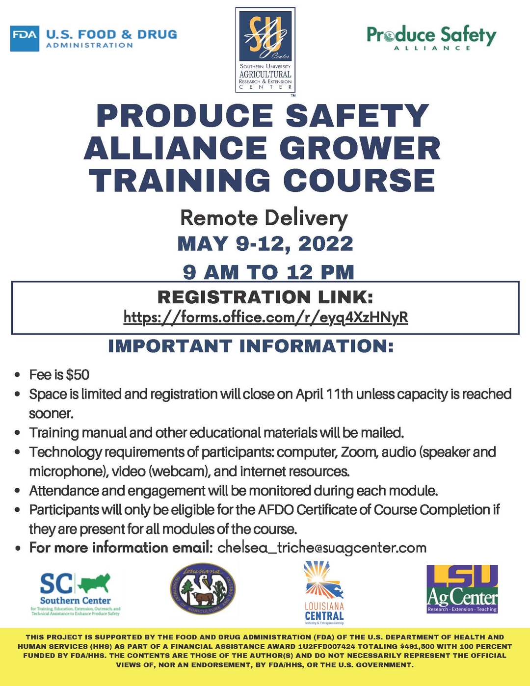 The SU Ag Center will held a Remote Produce Safety Alliance  Grower Training Course May 9-12, 2022.