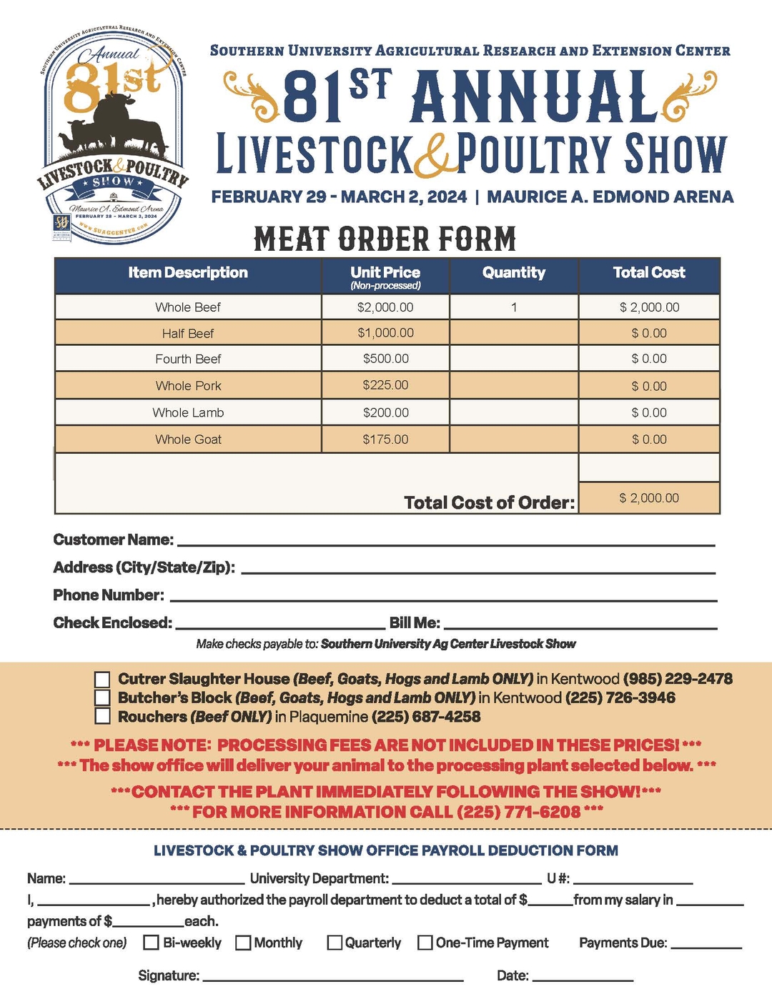 SU Ag Center 81st Annual Livestock and Poultry Show Meat Order Form